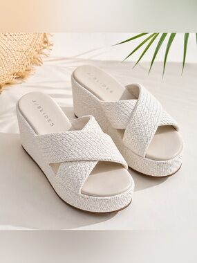 J/Slides Raffia Platform Wedge Sandals White Crisscross Size 9.5 NWOT